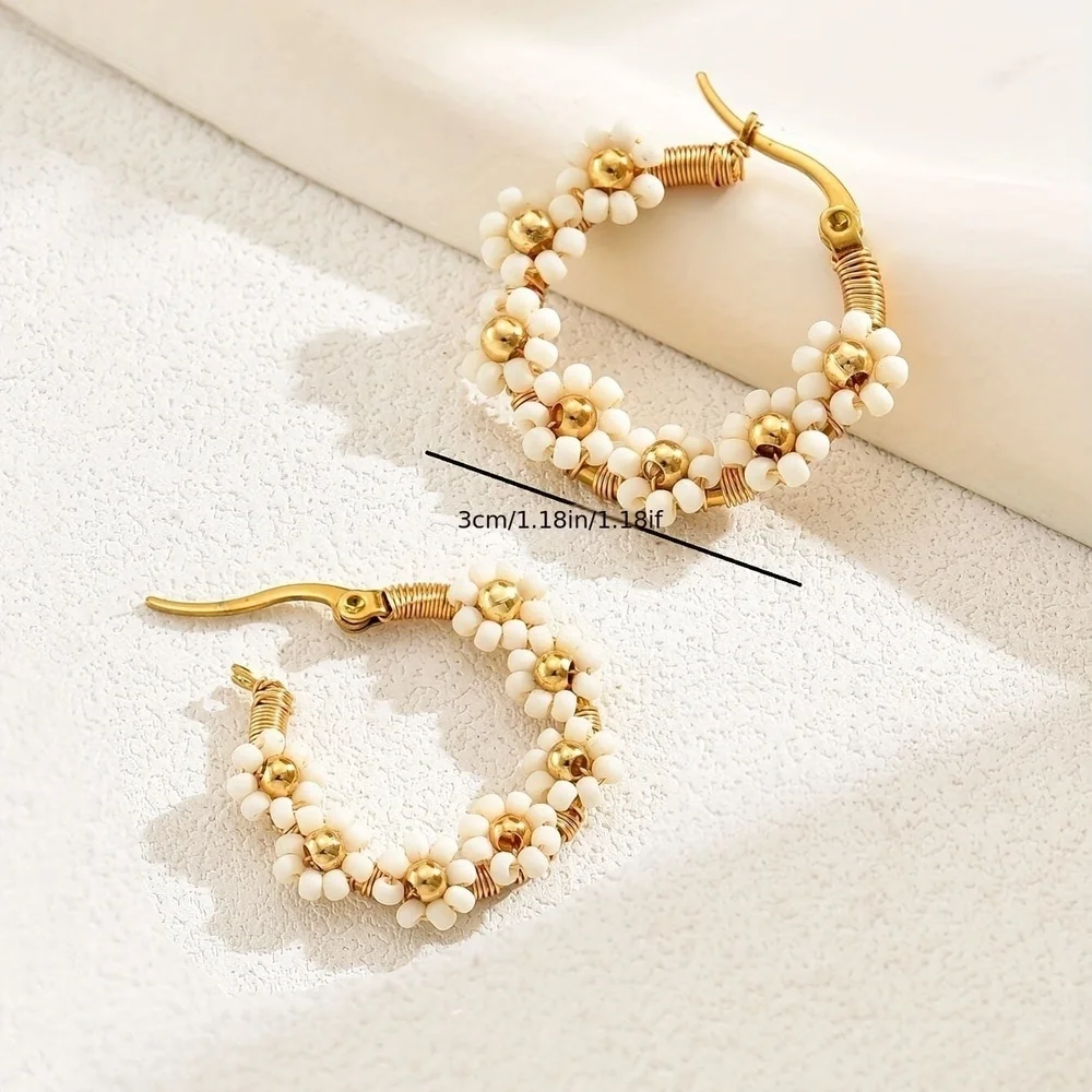 Boho Stainless Steel Beaded Flower Hoop Earrings